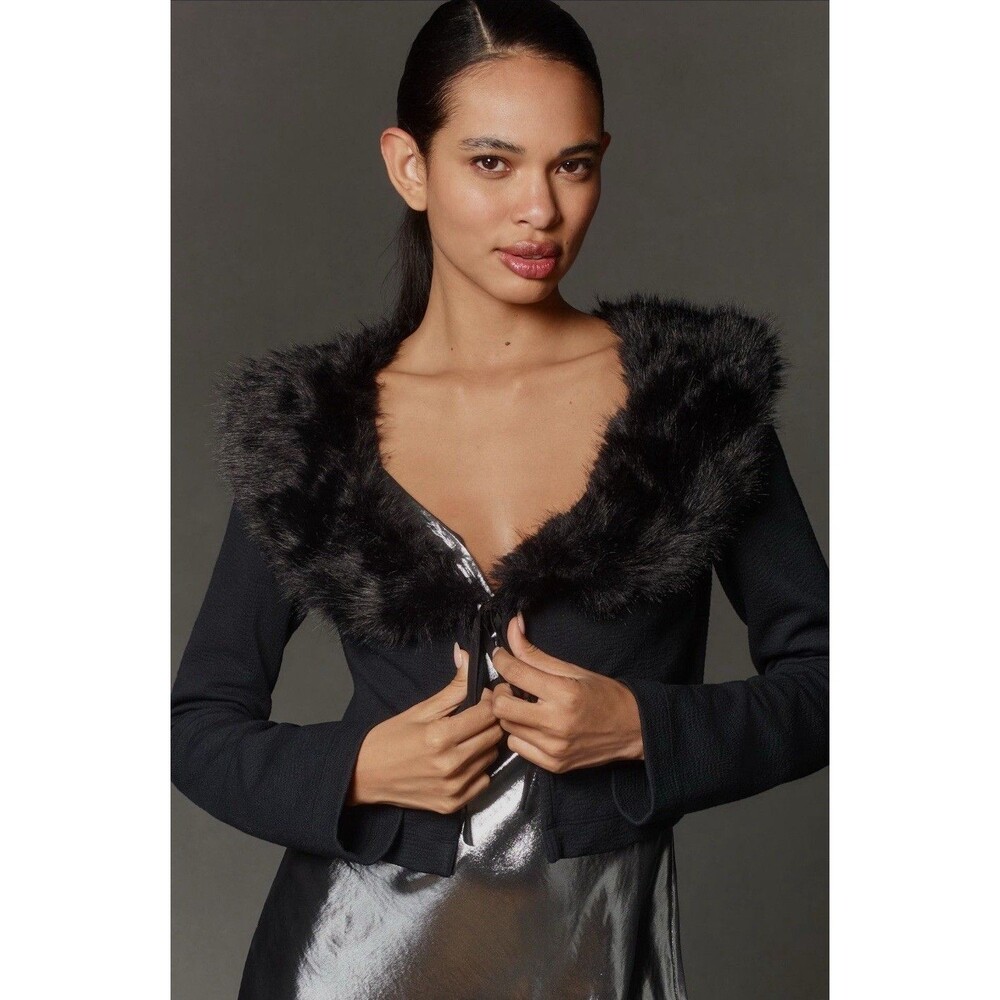 Anthropologie Maeve Cardigan Sweater Black Faux Fur Collar Crop Preppy Sz M NWT
